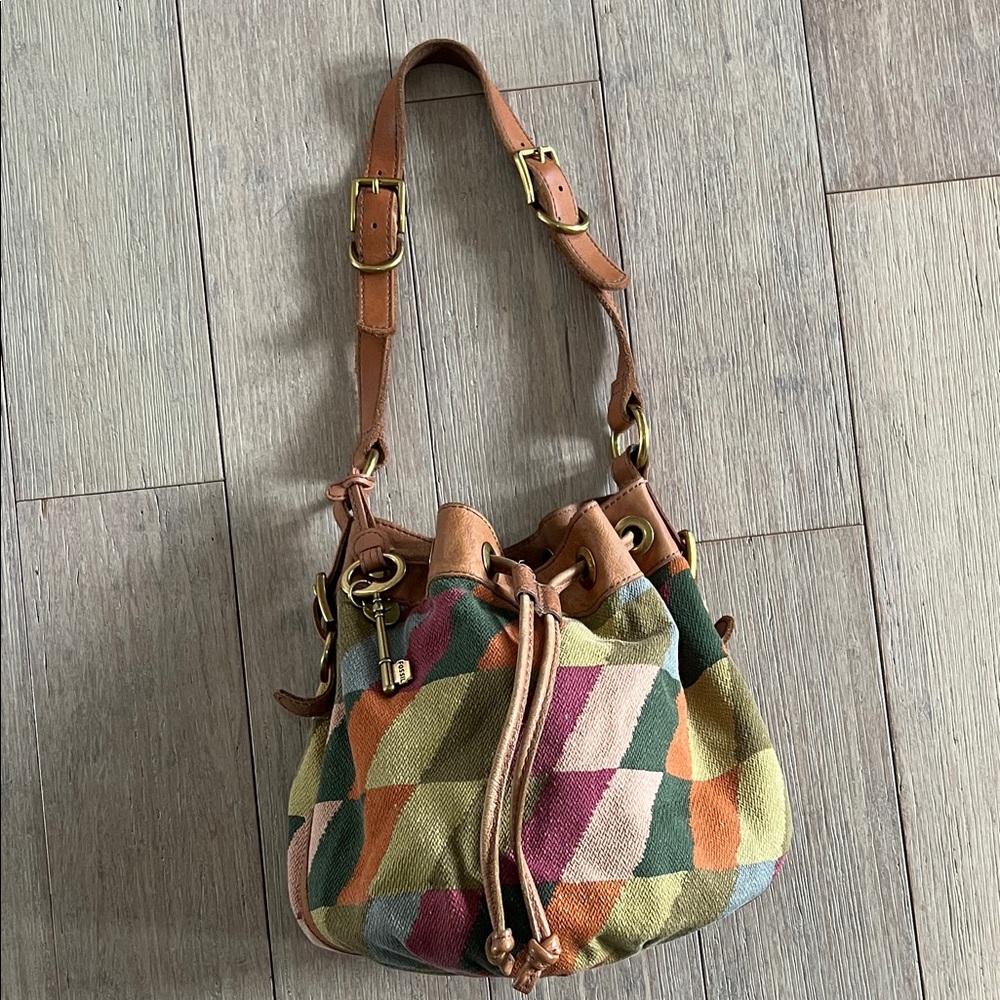 Multi-Color knit & Leather Drawstring Bucket Bag - Picture 7 of 7